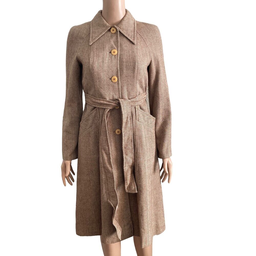 Vintage 50s Wool Trench Coat Womens Small Brown Chevron